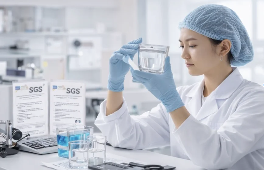 Scientist in a lab coat and hairnet examining a beaker of clear liquid during a water quality test, surrounded by lab equipment.